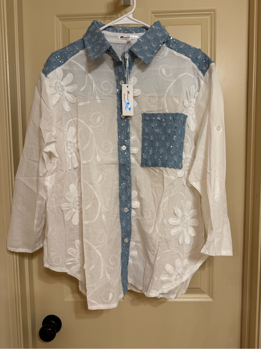 Women’s White Embroidered Button-Down Shirt with Blue Chambray Trim